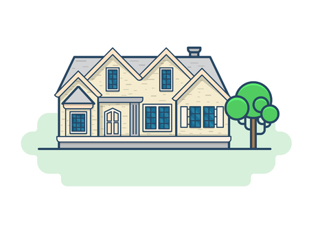 Family country house architecture building set. Linear stroke outline flat style vector icons. Color linear icon collection.のイラスト素材