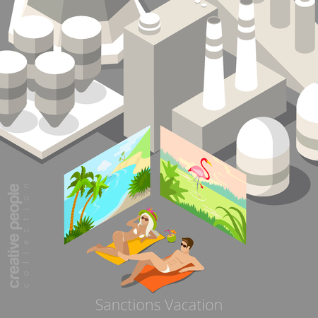Vacation during sanctions concept. Young couple laying in polluted city bordered with tropical beach resort posters. Flat 3d isometric style web site vector illustration. Creative people collection.のイラスト素材