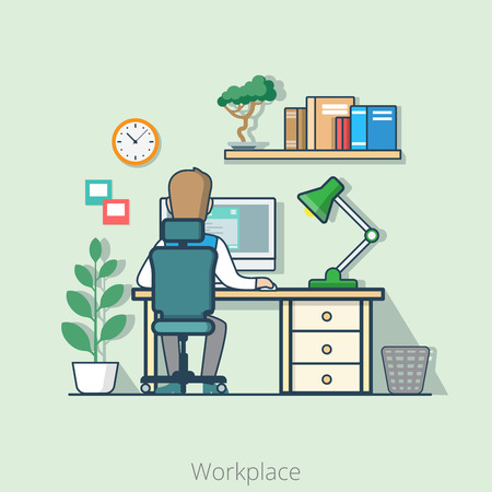 Linear flat line art style business workplace office interior desk concept. Businessman rear back view table computer lamp bookshelf plant. Conceptual businesspeople vector illustration collection.のイラスト素材