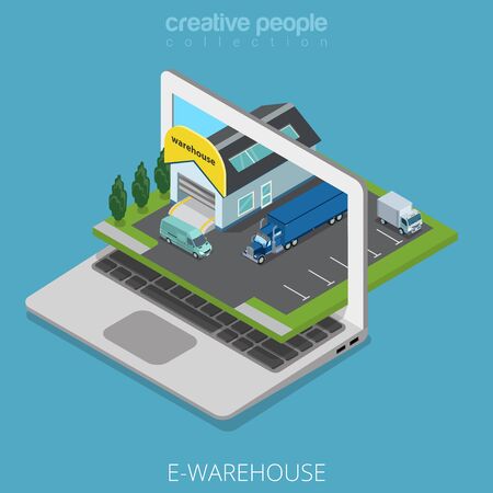 Isometric E-warehouse store business concept. Flat 3d isometry web site conceptual vector illustration. Creative people collection. Stock laptop screen cars nature parking building truck van delivery.のイラスト素材