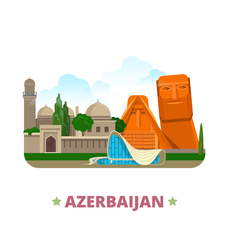 Azerbaijan country Flat cartoon style historic sight showplace web vector illustration. World vacation travel Asia Asian collection. We are our Mountains Palace of Shirvanshahs Heydar Aliyev Center.のイラスト素材