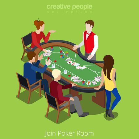 Isometric poker room join concept. Player shuffler card play match stakes. Gamble gambling online casino app application conceptual. Creative people collection.のイラスト素材