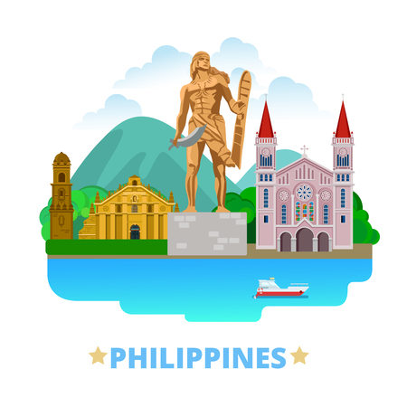 Philippines country flat cartoon style historic sight showplace web vector illustration. World travel sightseeing Asia Asian collection. Lapu-Lapu Monument Mactan Island Baguio Cathedral Paoay Church.のイラスト素材