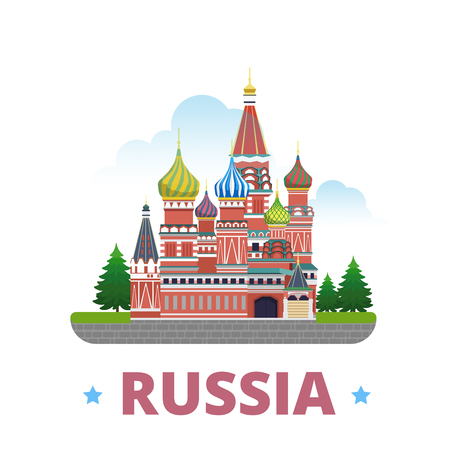 Russia country magnet whimsical design template. Flat cartoon style historic sight showplace web site vector illustration. World vacation travel sightseeing Asia Asian collection.  St. Basil Cathedralのイラスト素材