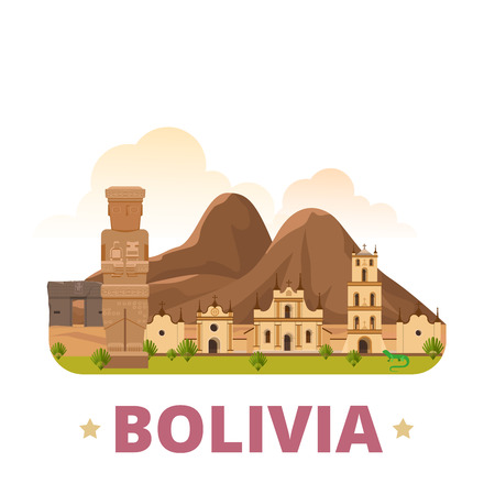 Bolivia country design template. Flat cartoon style historic sight showplace web vector illustration. World vacation travel South America collection. San Francisco Church La Paz Ancient city Sun Gate.のイラスト素材