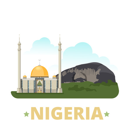 Nigeria country design template. Flat cartoon style historic sight showplace web site vector illustration. World vacation travel sightseeing Africa African collection. Zuma Rock Abuja National Mosque.のイラスト素材