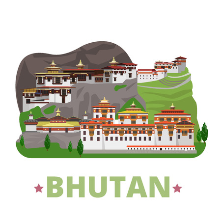 Bhutan country design template. Flat cartoon style historic sight showplace web site vector illustration. World travel Asia collection. Pungthang Dewachen Gi Phodrang Punakha Buddhist Taktshang Goembaのイラスト素材