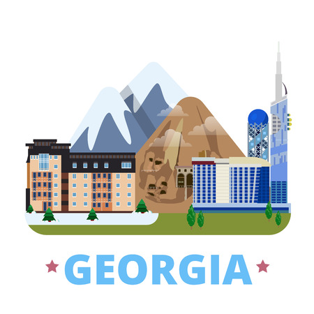 Georgia country design template. Flat cartoon style historic sight showplace web site vector illustration. World travel Asia Asian collection. Gudauri mountain ski resort Batumi Vardzia cave monasteryのイラスト素材