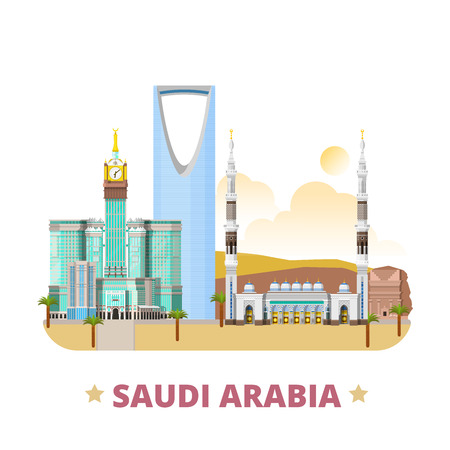 Saudi Arabia country flat cartoon style historic place web vector illustration. World travel sightseeing Asia collection. Madain Saleh Al-Masjid An-Nabawi mosque Kingdom Centre Abraj Al-Bait Towers.のイラスト素材