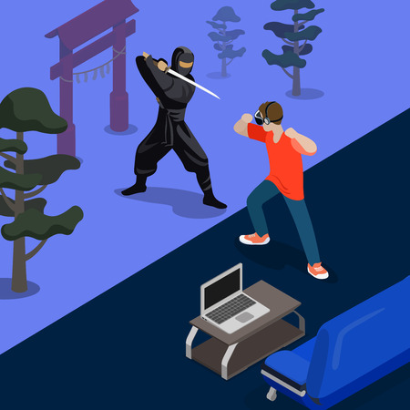 Cartoon ninja fight game screen shot concept vector illustration. Isometric 3d flat style playing video game screenshot. Man Fighting with Samurai by hands. Sofa laptop carpet room nature background.のイラスト素材