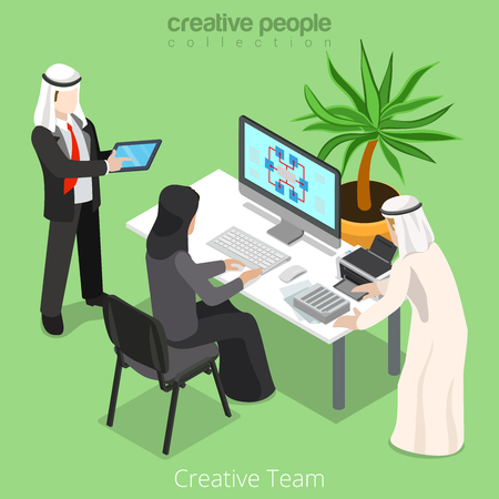 Isometric arabic islamic muslim creative team teamwork businessman business office workspace concept vector illustration. Boss and hijab woman. Flat 3d isometry style creative people collection.のイラスト素材