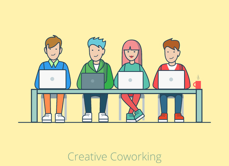 Linear line art coworking flat web infographic concept vector. Co-working cartoon quartet four people table laptops. Office agency work process teamwork brainstorming. Creative people collection.のイラスト素材
