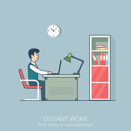 Linear flat line art style business distant work workplace office interior concept. Freelance man sitting at the table working laptop. Red shelf books room metal chair clock on grey wall folder lamp.のイラスト素材