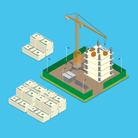 Isometric construction site land price value investment business infographics template concept. Big money stacks around paled building place crane. Flat 3d isometry web conceptual vector illustration.のイラスト素材