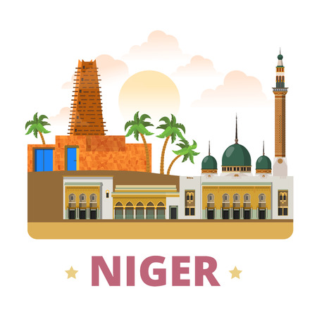 Niger country fridge magnet design template. Flat cartoon style historic sight showplace web site vector illustration. World vacation travel sightseeing Africa African collection. Agadez Niamey Mosqueのイラスト素材
