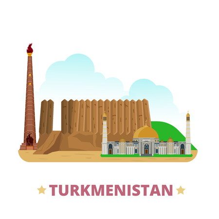 Turkmenistan country design template. Flat cartoon style historic sight showplace web site vector illustration. World vacation travel sightseeing Asia Asian collection. Merv Turkmenbashi Ruhy Mosque.のイラスト素材