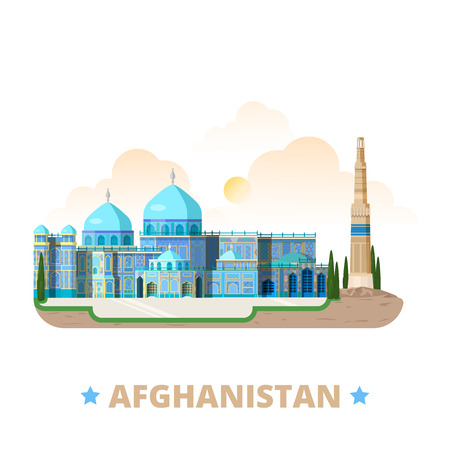 Afghanistan country magnet design template. Flat cartoon style historic sight showplace web vector illustration. World vacation travel sightseeing Asia Asian collection. Blue Mosque Minaret of Jam.のイラスト素材