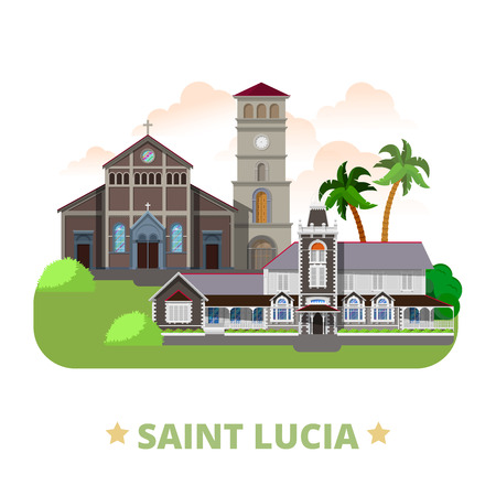 Saint Lucia country badge fridge magnet design template. Flat cartoon style historic sight showplace web site vector illustration. World vacation travel sightseeing North America collection. Government House Cathedral Basilica.のイラスト素材