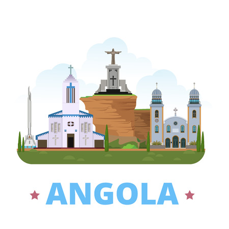 Angola country design template. Flat cartoon style historic sight web vector illustration. World vacation travel Africa African collection. Christ The King Statue Se Cathedral Do Huambo Holy Savior.のイラスト素材