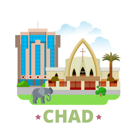 Chad country design template. Flat cartoon style historic sight showplace web site vector illustration. World vacation travel sightseeing Africa African collection. N'Djamena Cathedral Bank Centra.のイラスト素材