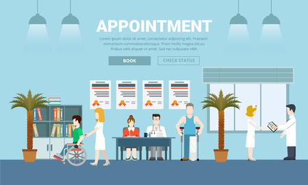 Medicine health care appointment creative flat design vector illustration. Medical institution help diagnostic centre template. Visit to doctor patient man crutches nurse wheelchair on blue backgroundのイラスト素材
