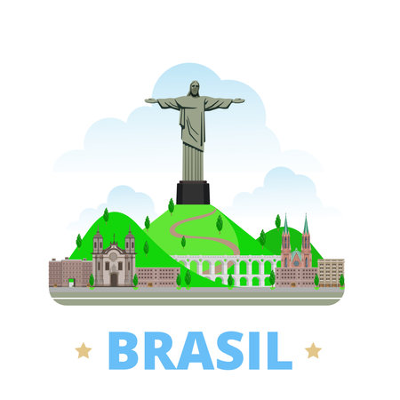 Brazil country flat cartoon style historic sight showplace web site vector illustration. World vacation travel South America collection. Christ the Redeemer Statue Sao Paulo Cathedral Carioca Aqueductのイラスト素材