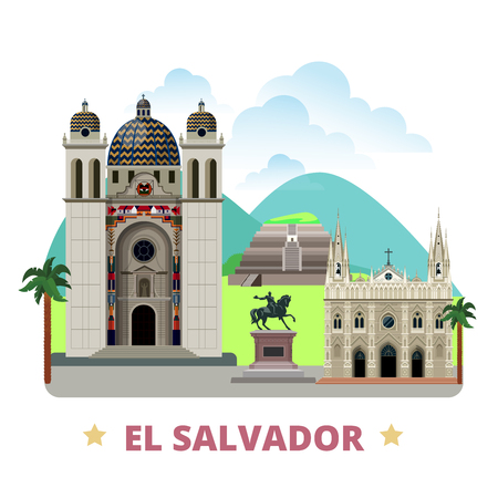 El Salvador country flat cartoon style historic sight showplace web vector illustration. World vacation travel America collection. San Salvador Cathedral of Santa Ana Tazumal Gerardo Barrios Statueのイラスト素材