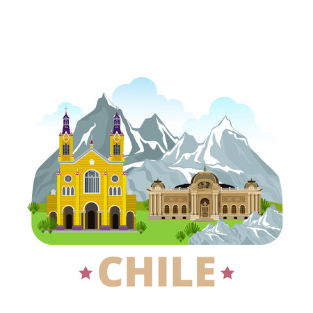 Chile country badge fridge magnet design template. Flat cartoon style historic sight showplace web site vector illustration. World vacation travel sightseeing South America collection.のイラスト素材
