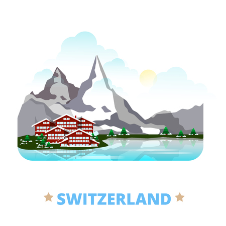 Switzerland country magnet design template. Flat cartoon style historic sight showplace web site vector illustration. World vacation travel sightseeing Europe European collection. Matterhorn Gstaad.のイラスト素材