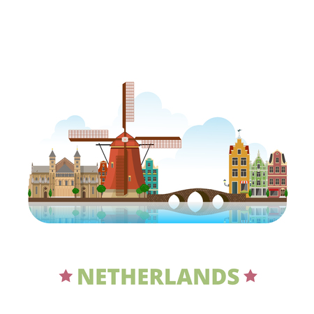 Netherlands country design template. Flat cartoon style historic sight showplace web site vector illustration. World vacation travel Europe European collection. Old Dutch Windmill Binnenhof bridge.のイラスト素材