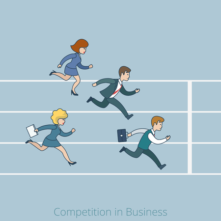 Linear line art flat style Competition in Business finish line concept. Cartoon businessman businesswoman run running competition stadium track be late vector illustration. Lineart people collection.のイラスト素材