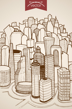 Engraving vintage hand drawn vector modern skyscraper city. Pencil Sketch illustration.のイラスト素材