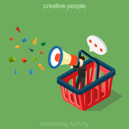 Flat isometric Businessman in huge basket with megaphone in hand vector illustration. 
Marketing Activity business 3d isometry concept.のイラスト素材