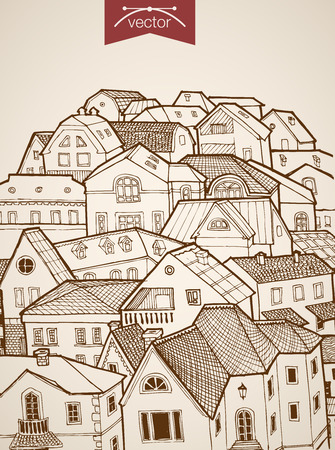 Engraving vintage hand drawn vector city roofs skyline horizon. Pencil Sketch architecture illustration.のイラスト素材