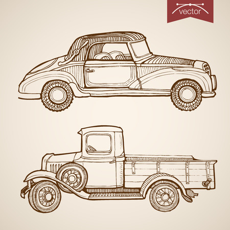 Engraving vintage hand drawn vector retro car collection. Pencil Sketch wheeled transport illustration.のイラスト素材