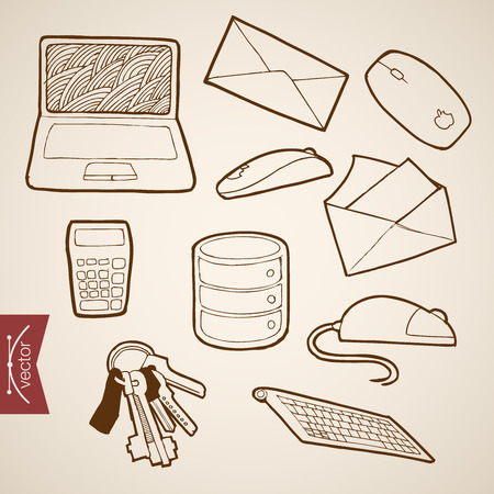 Engraving vintage hand drawn vector working place Laptop, Letter, Calculator, Mouse collection. Pencil Sketch office supplies illustration.のイラスト素材
