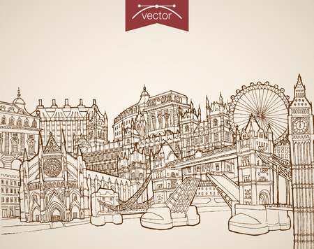 Engraving vintage hand drawn vector London, United Kingdom travel. Pencil Sketch Buckingham Palace, Big Ban, Eye, Tower Bridge sightseeing illustration.のイラスト素材