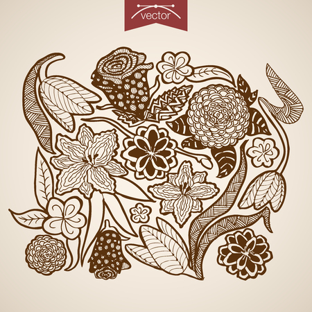 Engraving vintage hand drawn vector flower collection. Pencil Sketch tulip, lilies floristic shop illustration.のイラスト素材