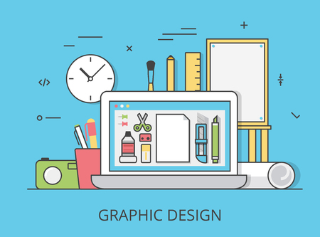 Linear Flat graphic design website hero image vector illustration. Digital art tools and technology concept. Laptop, digitizer, ruler, camera, graphics editing software interface.のイラスト素材
