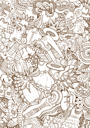 Engraving vintage hand drawn vector Ladies Clothes and Accessories mix doodle collage. Pencil Sketch pants, shirt, t-shirt, dress, hat, glasses, shorts illustration.のイラスト素材