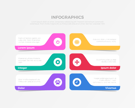 Multicolor 6 bookmark process steps labels vector template. Infographics background concept.のイラスト素材