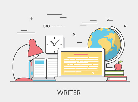 Linear Flat copywriting writer service website hero image vector illustration. Digital services tools and technology concept. Laptop, book, text editor software interface.のイラスト素材