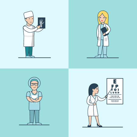 Linear Flat traumatologist, surgeon, therapist and ophthalmologist characters vector illustration set. Health care, professional help concept.のイラスト素材