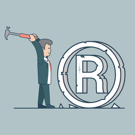 Linear Flat businessman crashing huge brand mark to pieces by hummer vector illustration. Trademark violation concept.のイラスト素材