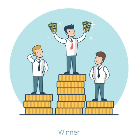 Linear Flat businessmen on top of coin stack pile pedestal vector illustration. Market competition winner with money in hands. Success in business concept.のイラスト素材