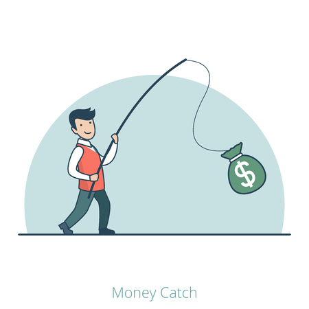 Linear Flat Businessman caught money bag on fishing rod vector illustration. Business profit concept.のイラスト素材