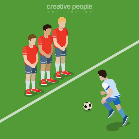 Flat isometric Football (Soccer) Penalty Free kick vector illustration. Footballer defender 3d isometry image. Team Sports concept.のイラスト素材