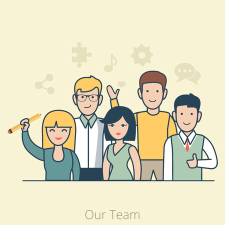 Linear Flat Team of young man and woman vector illustration. Business Teamwork concept.のイラスト素材