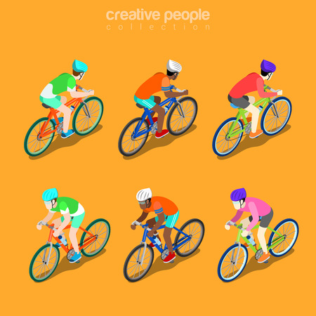 Flat isometric Racing Cyclist vector illustration. Group Bicycle Athletes 3d isometry image. Summer international competition concept.のイラスト素材