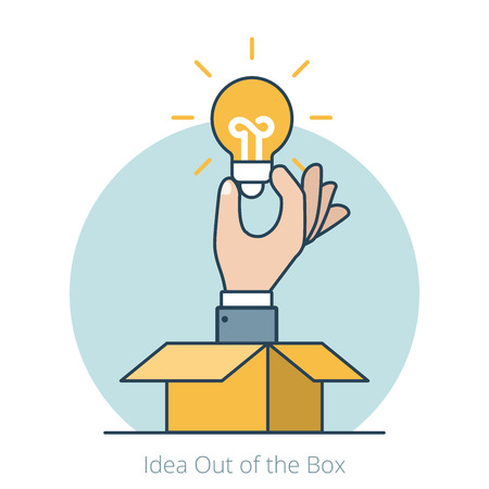 Linear Flat Businessman hand from box holding lamp vector illustration. Idea Out of the Box business concept.のイラスト素材